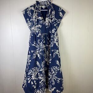 Pinch Tiered Ruffle Dress Blue & White Cap‎ Ruffle Sleeve w Pockets Size M